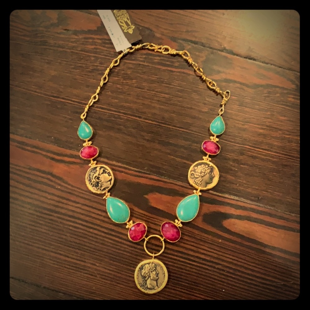 Stunning 24k brass turquoise Roman coin necklace
